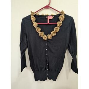 Women's black cardigan with cheetah rosettes at neckline by Charlotte size S